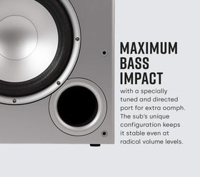 Polk Audio PSW10 control dial emphasizing simple output tuning.