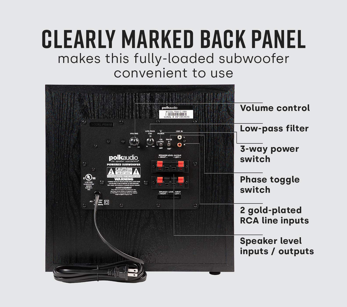 Polk Audio PSW10 detachable grille showcases sleek, unobtrusive aesthetics.