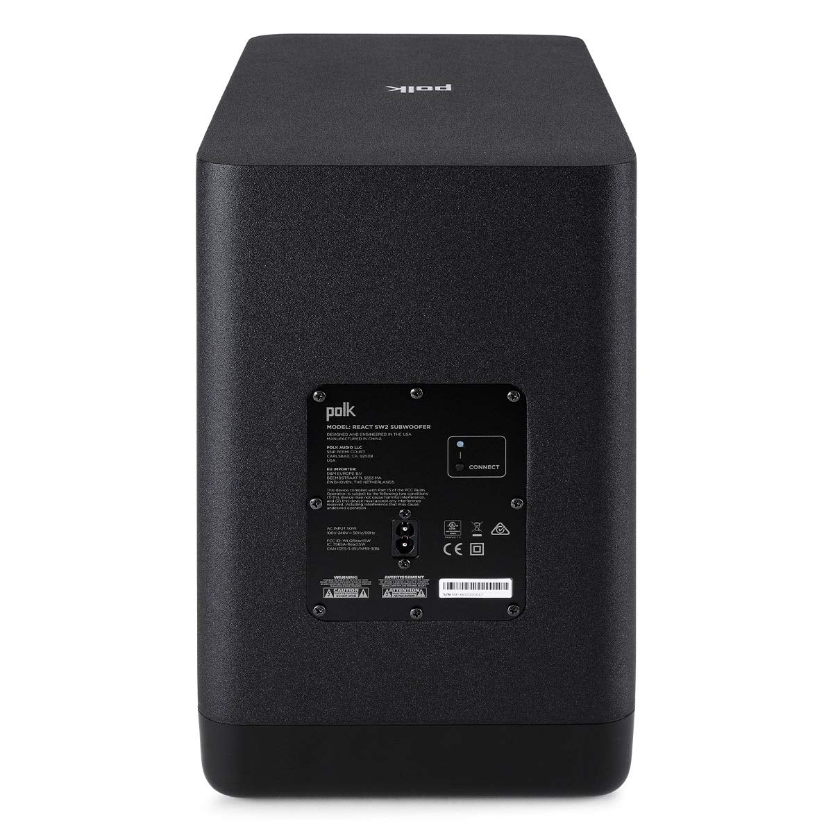 Polk Audio React subwoofer side view highlighting compact profile and room integration