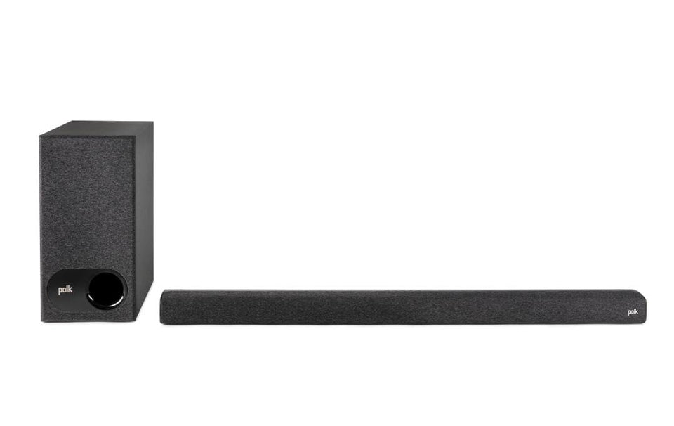 Polk Audio Signa S3 front view with slim profile and wireless subwoofer for TV audio