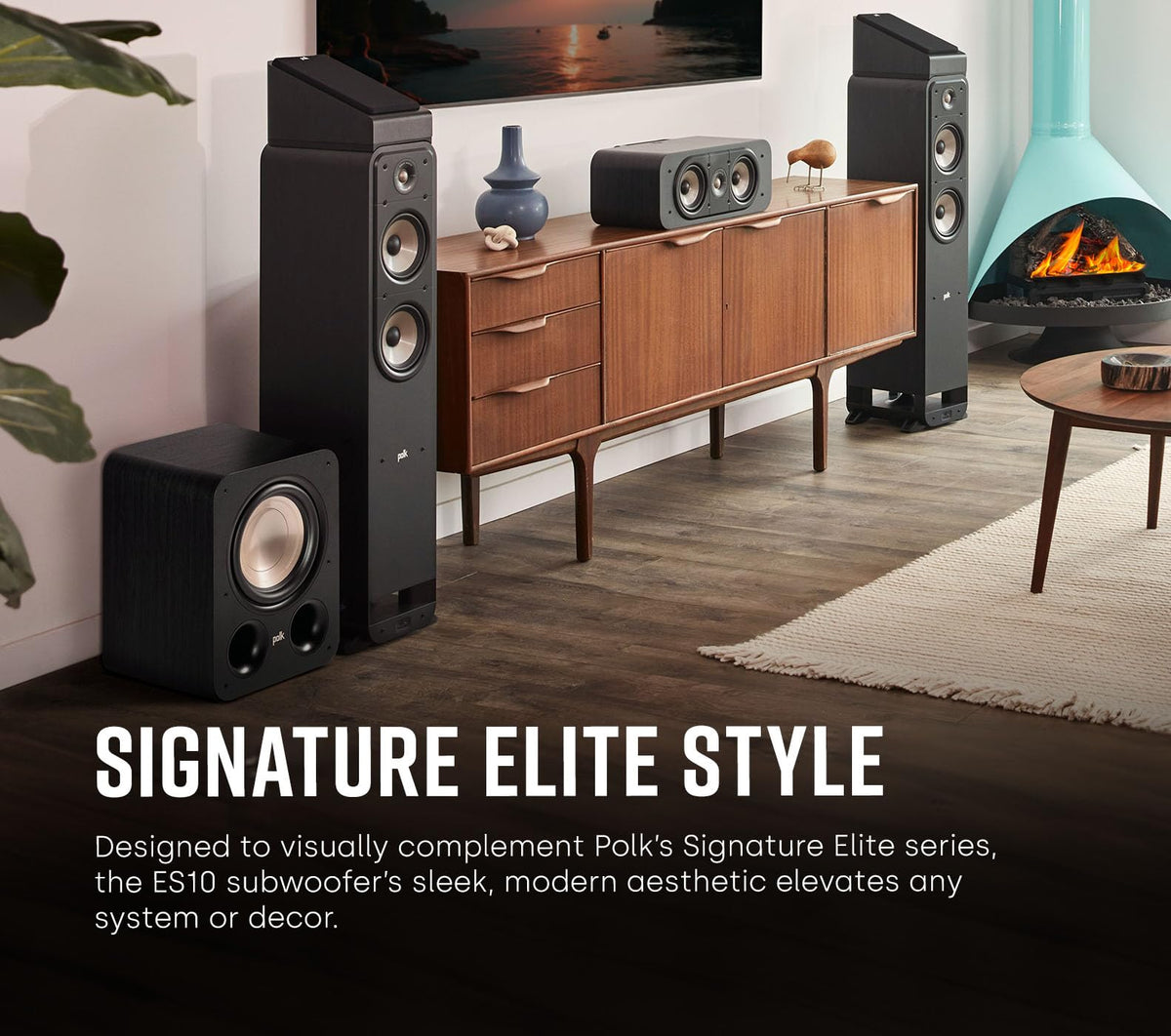 Polk Audio Signature Elite ES10 control panel shows rear digital controls for easy setup.