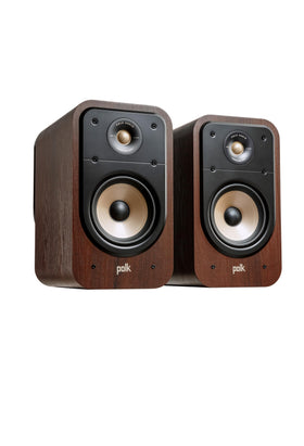 Polk Audio Signature Elite ES20 front view in walnut offers compact cinema-ready sound.