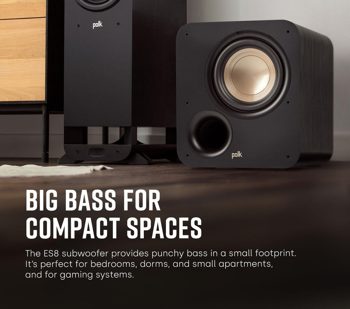 Polk ES8 8-inch woofer cone with mineral-filled polymer for precise bass output.
