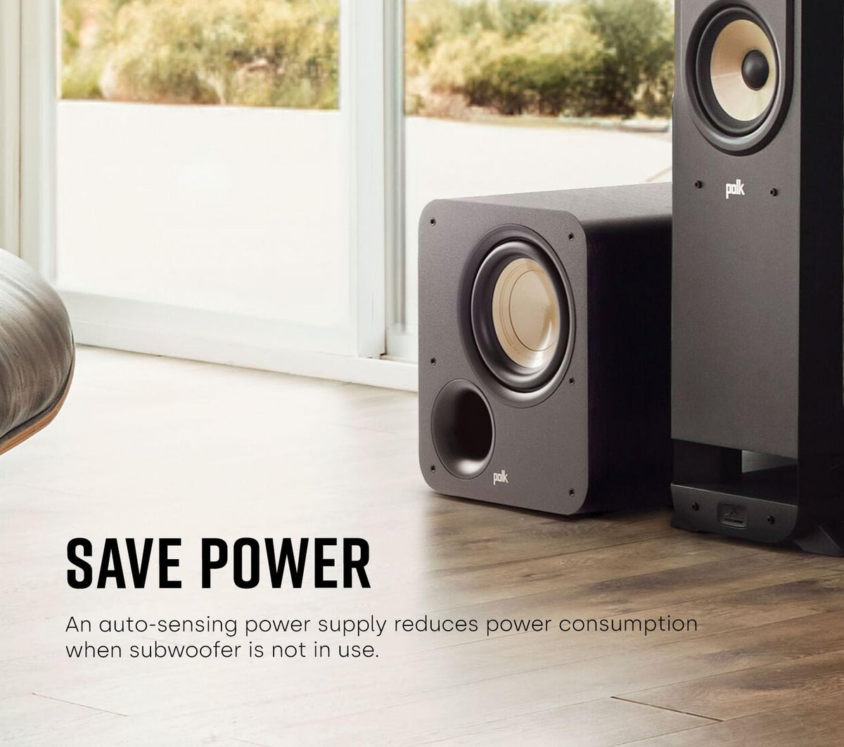 Polk Signature Elite black vinyl finish with removable grilles blends with decor.