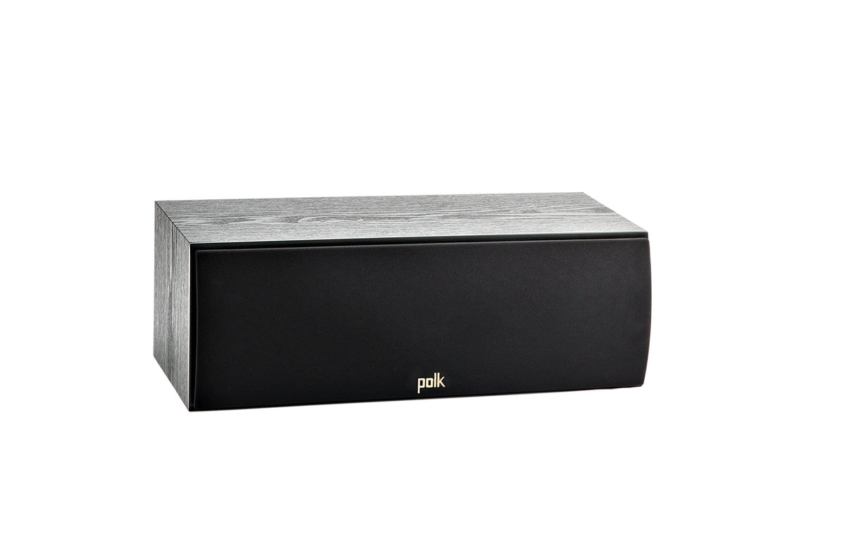 Polk Audio T30 center front view highlights compact design for clear TV dialogue.