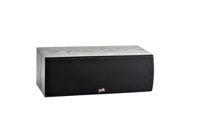 Polk Audio T30 center front view highlights compact design for clear TV dialogue.