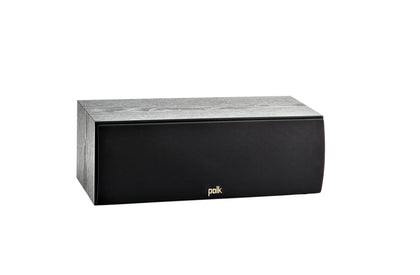 Polk Audio T30 center front view highlights compact design for clear TV dialogue.