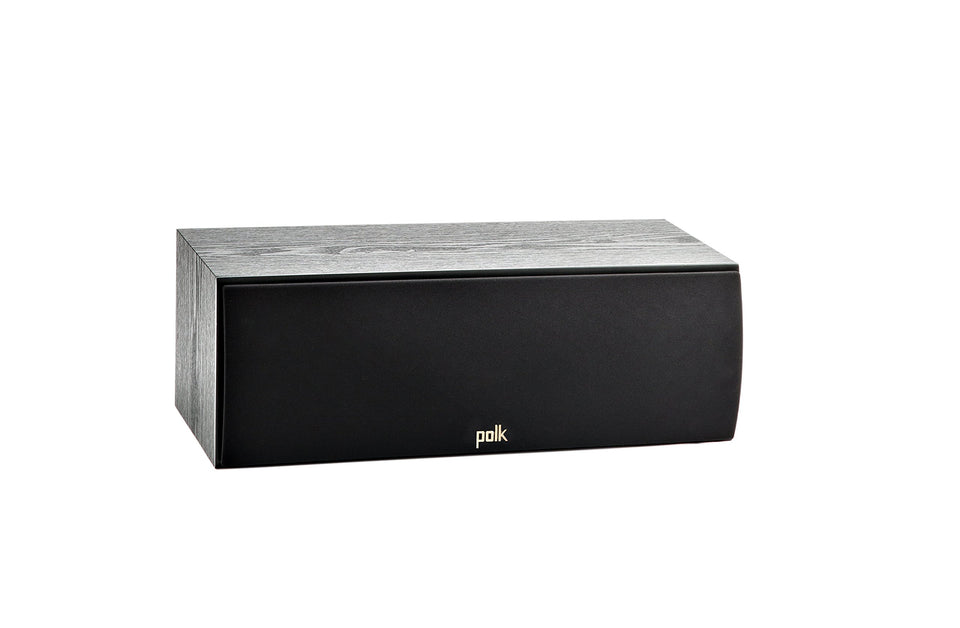 Polk Audio T30 center front view highlights compact design for clear TV dialogue.