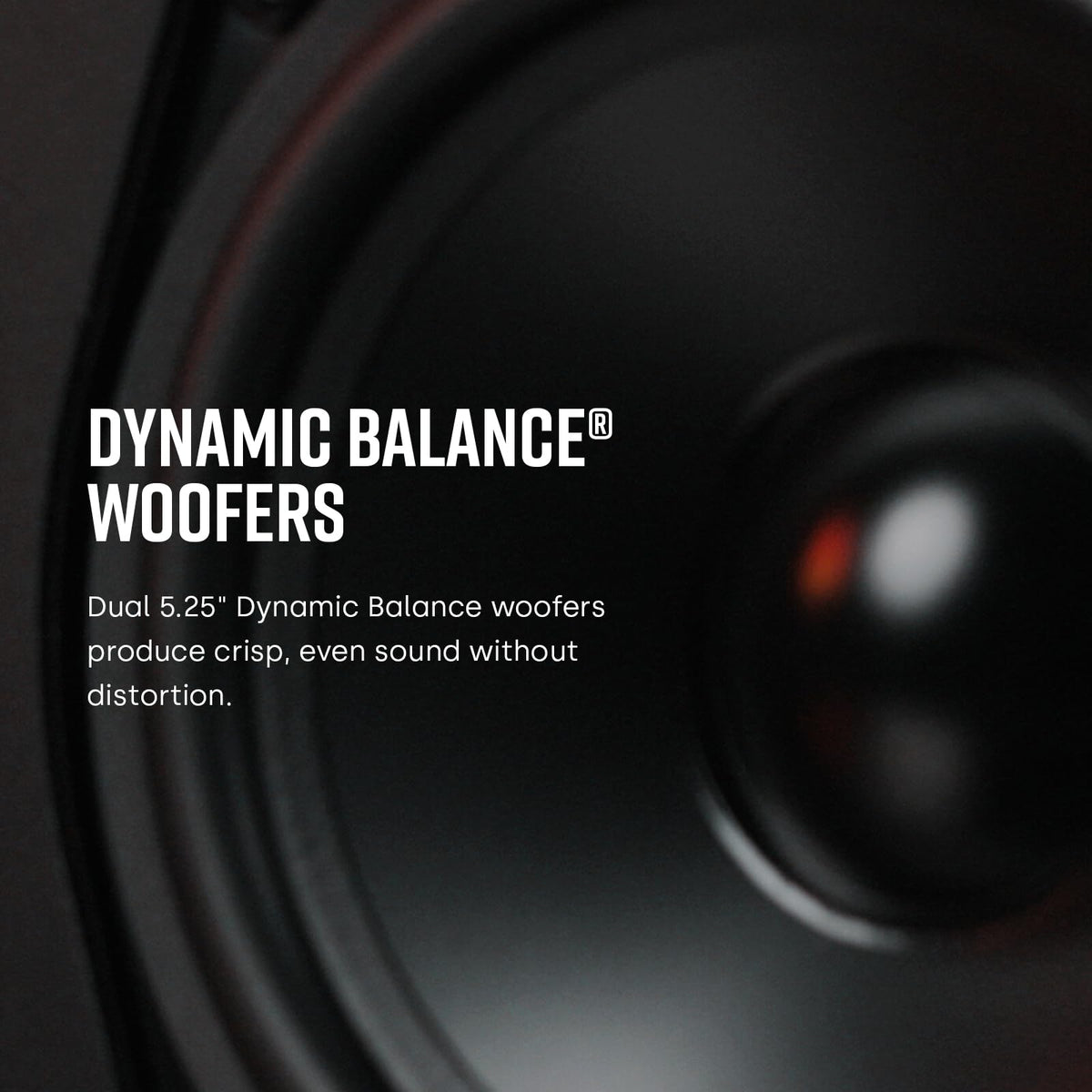 Polk Audio T30 rear port view emphasizing deep bass with minimal distortion.