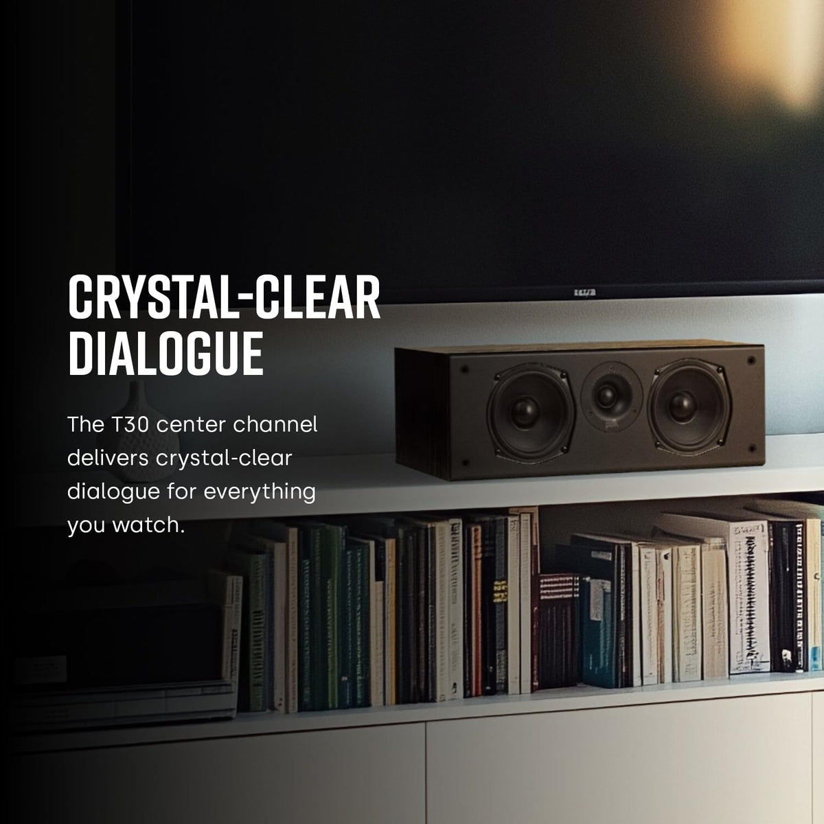 Polk Audio T30 woofer and tweeter close-up delivering rich midrange and vocal clarity.