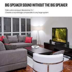 Polk Audio TL1 high-gloss Blackstone finish complements modern TVs.