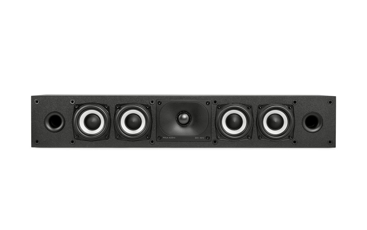Polk Monitor XT35 slim center speaker front view delivering crisp dialogues and clear midrange.