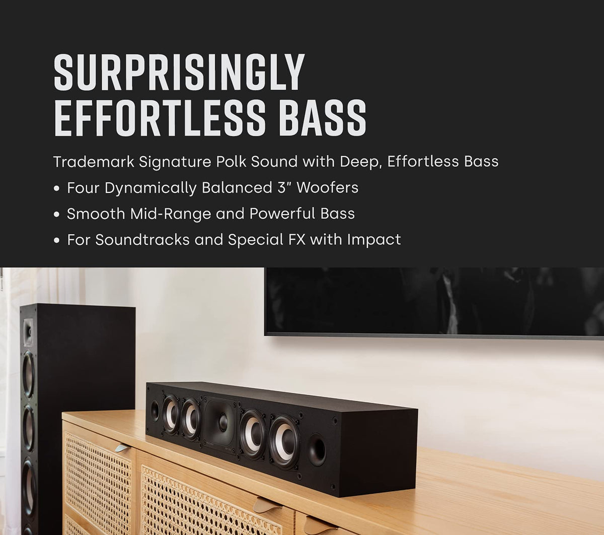 Polk Monitor XT35 wall-mount setup showing compact profile and TV-friendly placement.