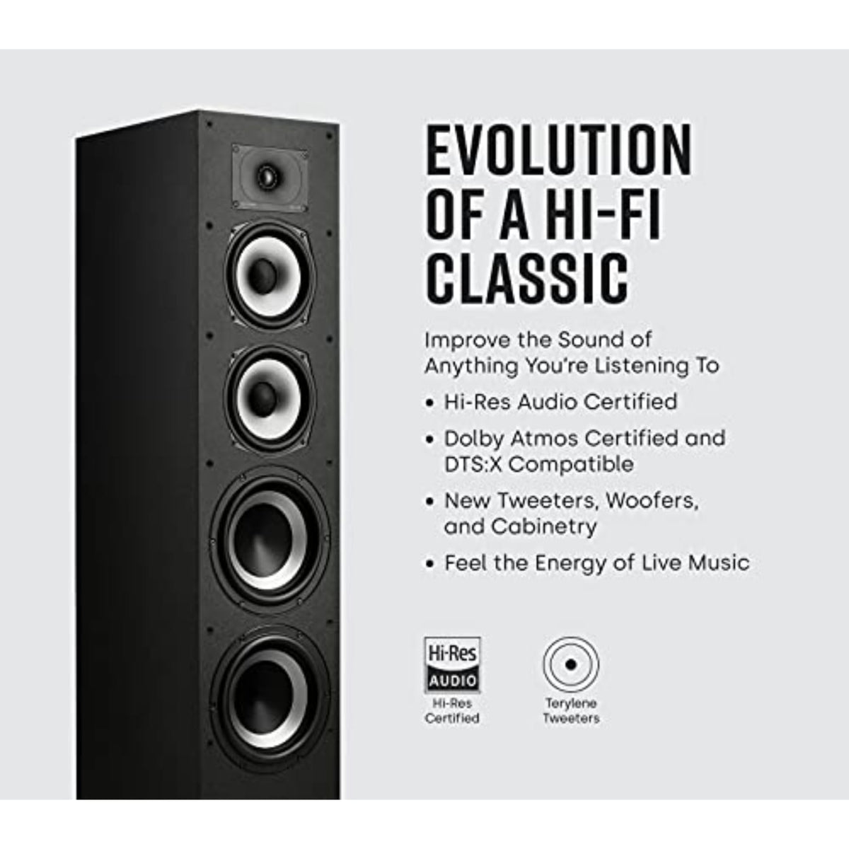 Polk Monitor XT70 side view highlights tall tower design.