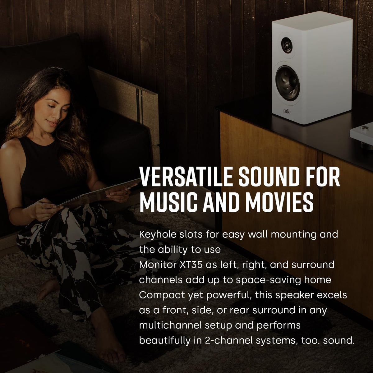 Polk Reserve R100 wall-mountable design for flexible room placement.