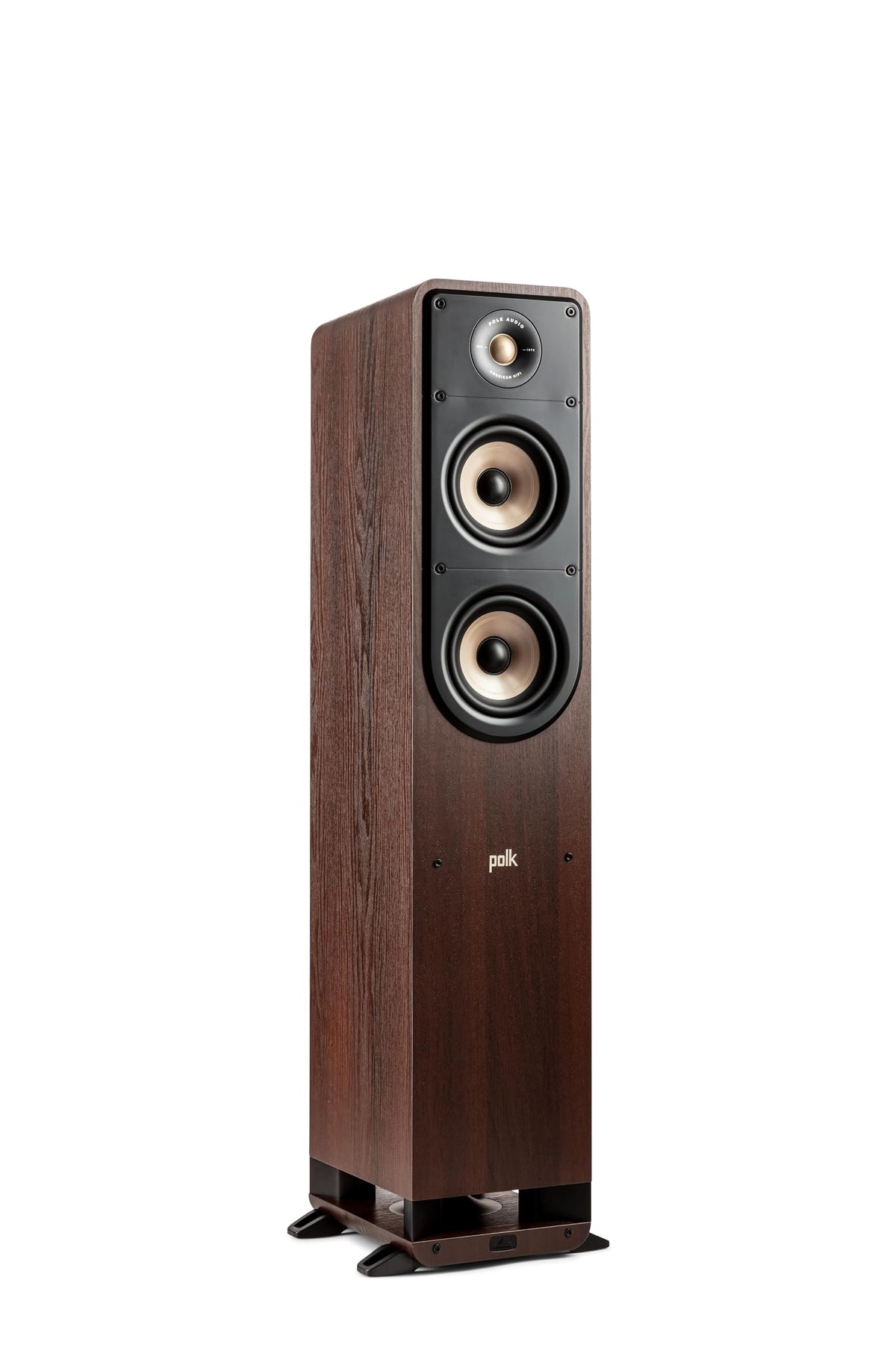 Polk Signature Elite ES50 tower front view, modern walnut finish for a sleek home theater.