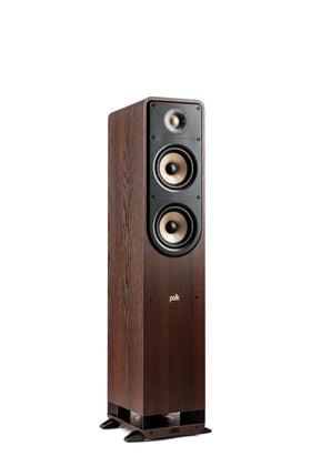 Polk Signature Elite ES50 tower front view, modern walnut finish for a sleek home theater.
