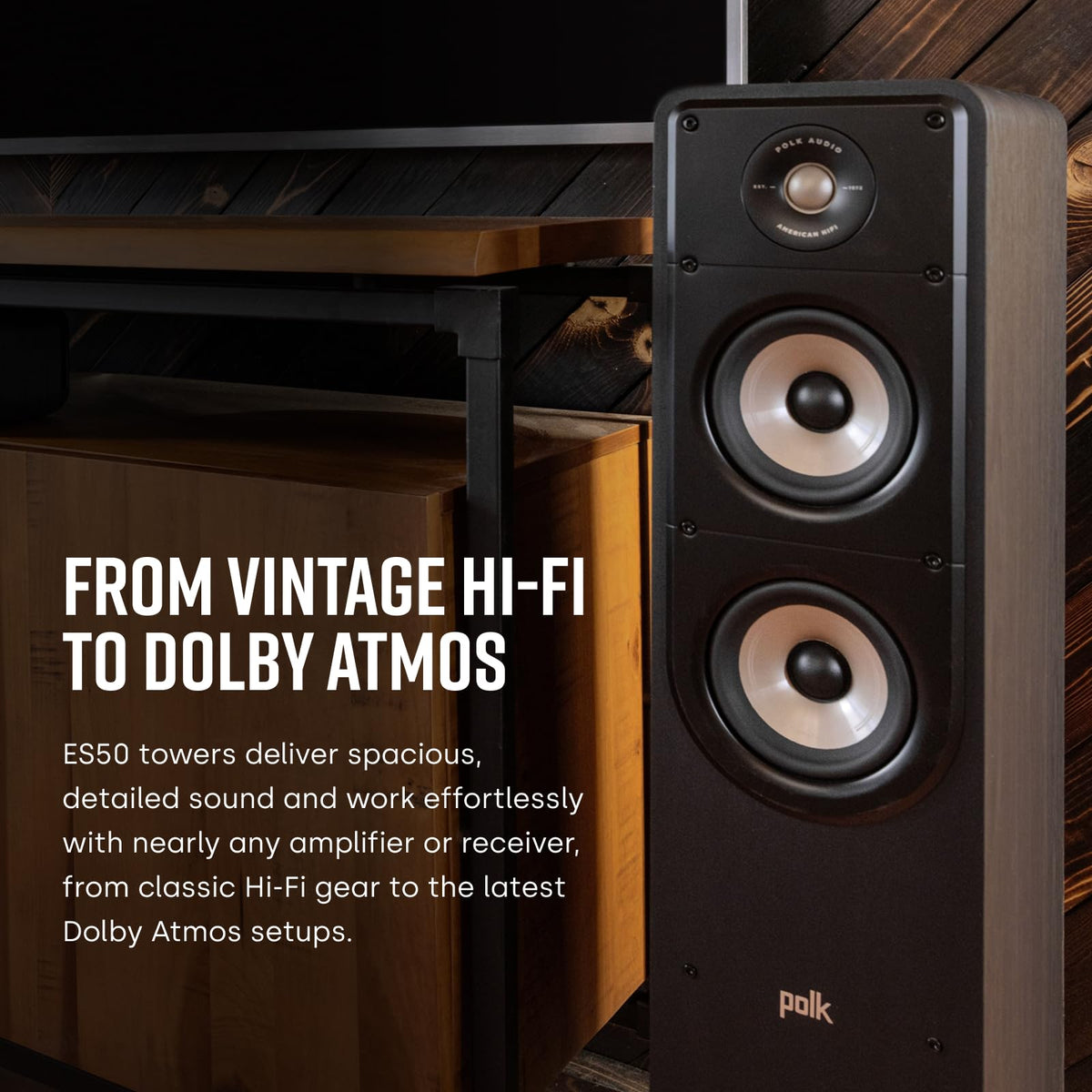 Polk Signature Elite ES50 walnut finish suits contemporary living spaces.