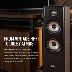 Polk Signature Elite ES50 walnut finish suits contemporary living spaces.