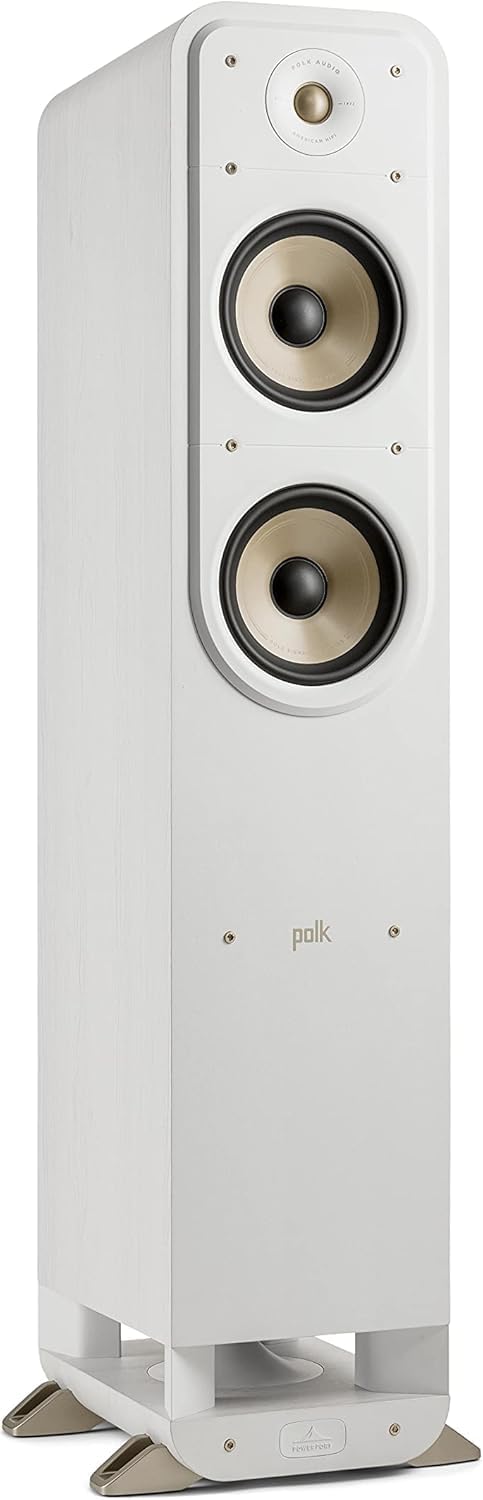 Polk Signature Elite ES55 front view with white-washed finish highlighting bold presence