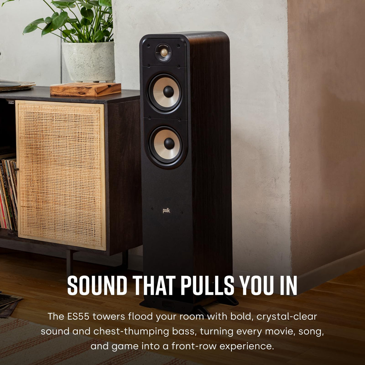 Polk Signature Elite ES55 woofer close-up shows mica-fortified bass drivers.