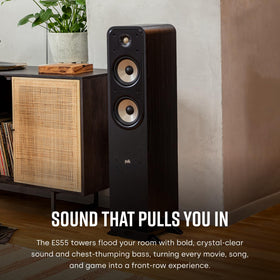 Polk Signature Elite ES55 woofer close-up shows mica-fortified bass drivers.