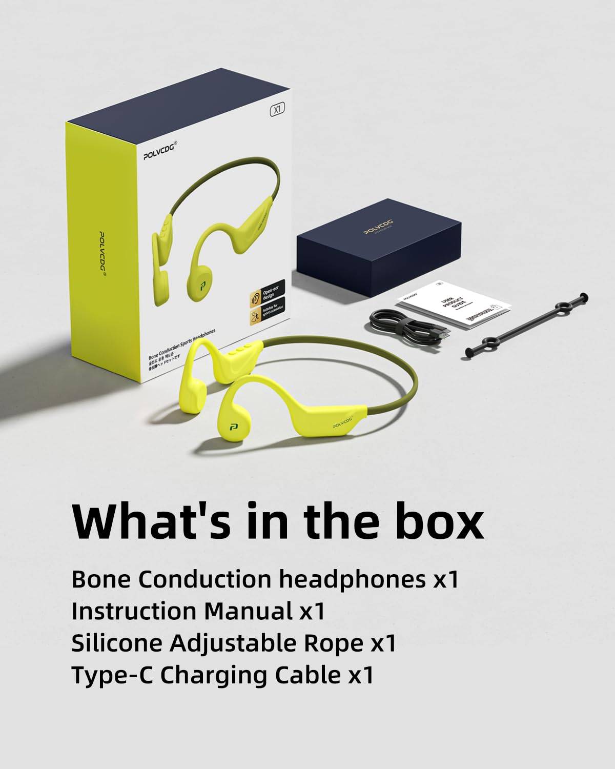 POLVCDG box includes headphones, USB cable, elastic band, and manual