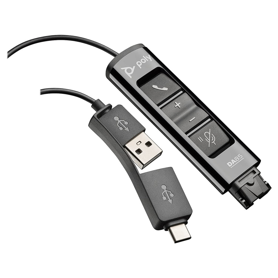 POLY DA85 front connector showing USB-A and USB-C, for reliable hybrid call quality