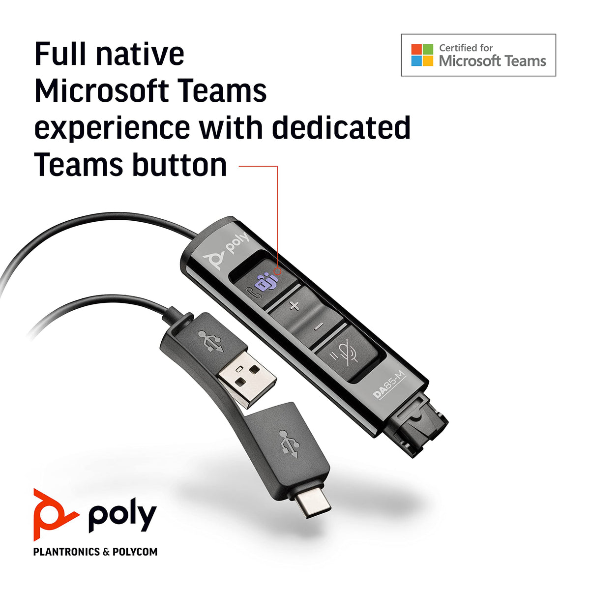 Poly DA85M label and ports detail highlighting native Teams integration benefit