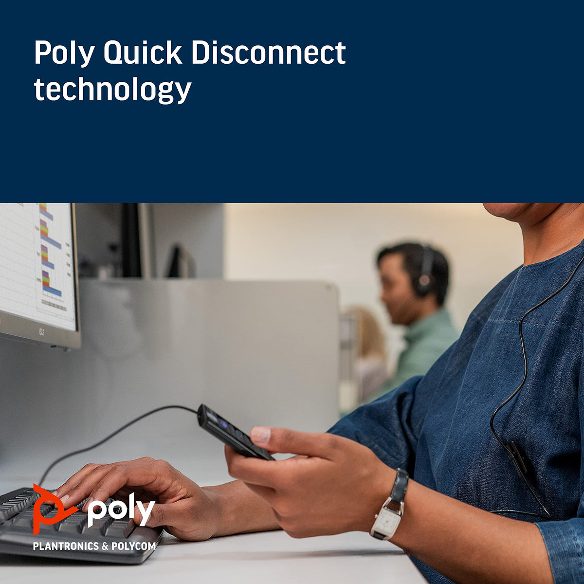 Poly DA85M Quick Disconnect connector with Poly headset compatibility benefit