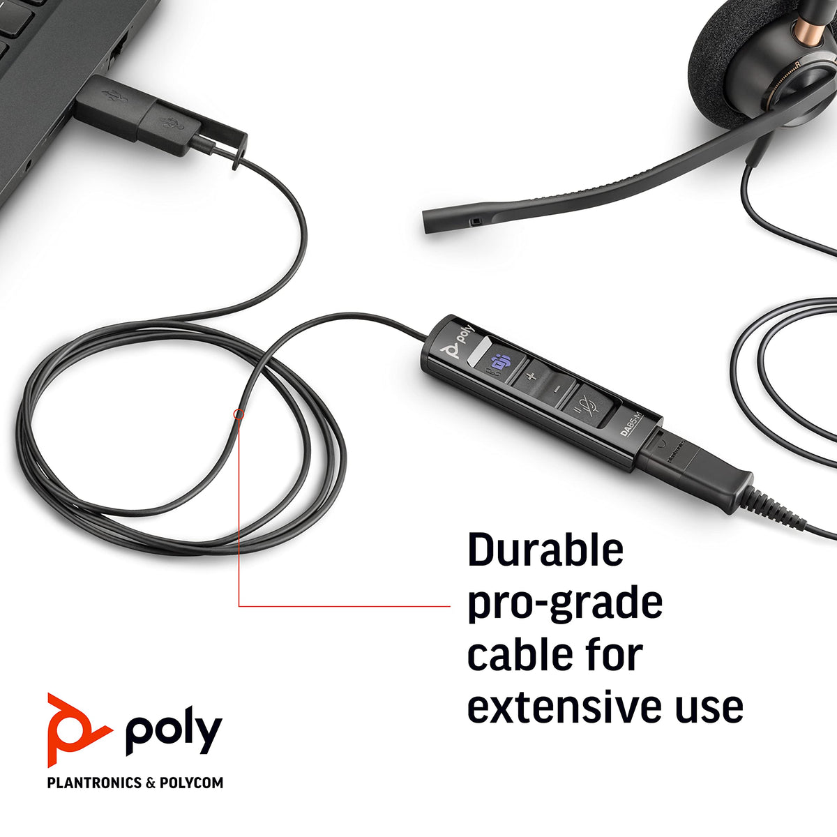 Poly DA85M next to headset showing scale and simplified deployment benefit