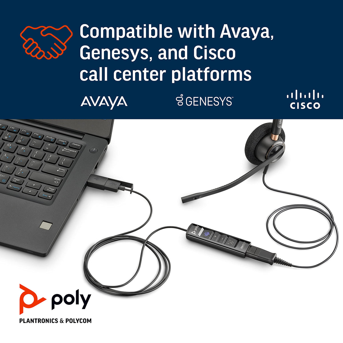 Poly DA85M cable showing USB-A and USB-C connectors for broad compatibility
