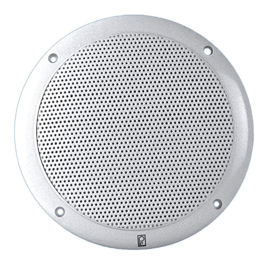 Poly-Planar 6-inch round marine speaker (white) for weatherproof boat audio.