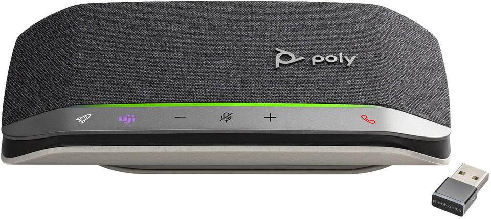 Poly Sync 20+ Bluetooth speakerphone closeup for clear conference calls and hands-free meetings