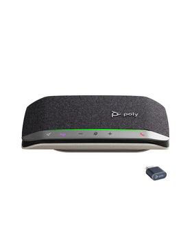 POLY Sync 20+ front view showing a sleek portable conference device for on-the-go calls