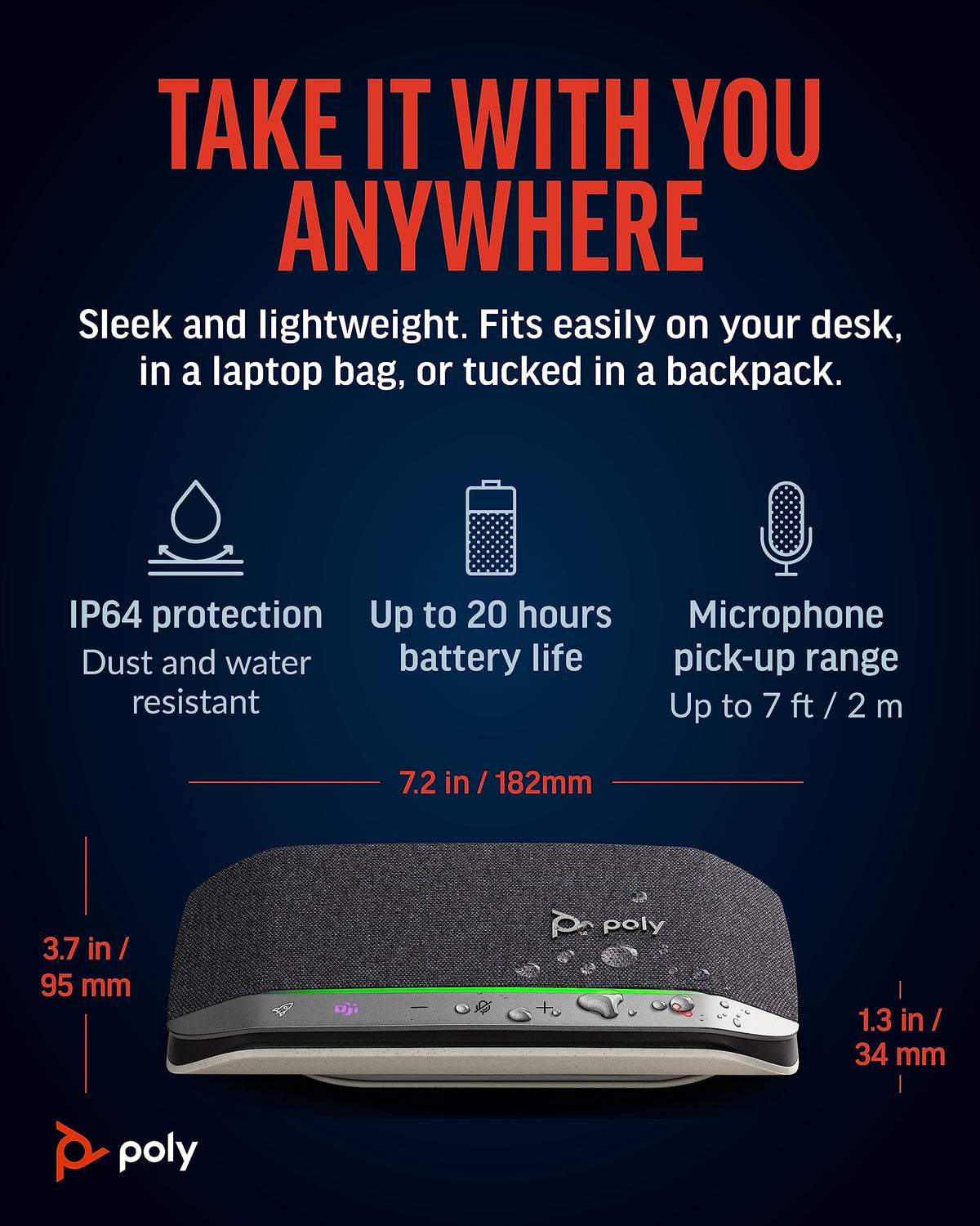 POLY Sync 20+ IP64 dust and water resistance for rugged reliability
