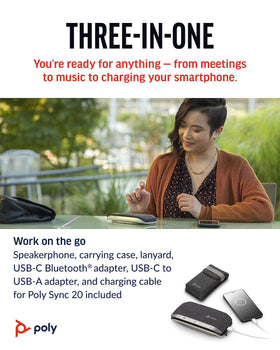 POLY Sync 20+ wired connection option provides reliable audio when Bluetooth is unavailable
