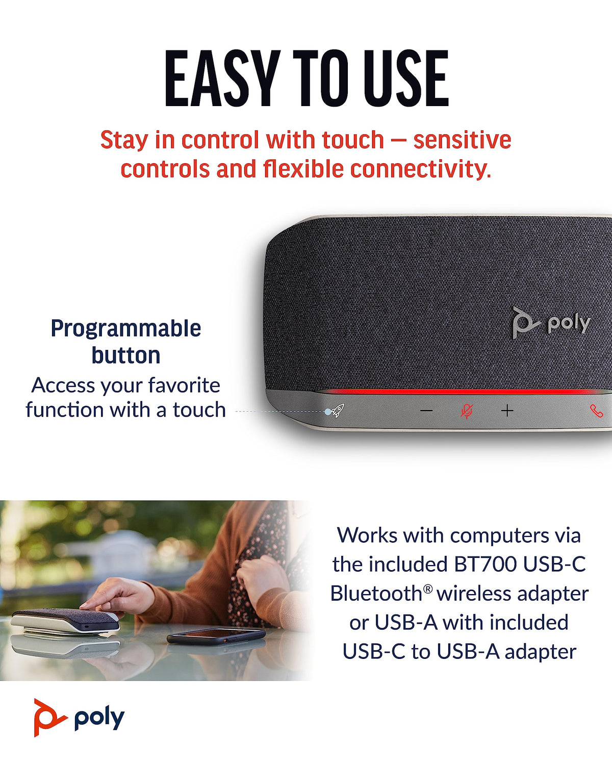 POLY Sync 20+ multi-microphone array reduces noise for clearer calls.