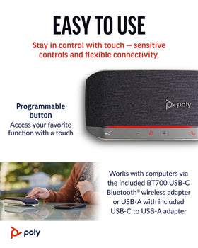 POLY Sync 20+ multi-microphone array reduces noise for clearer calls.