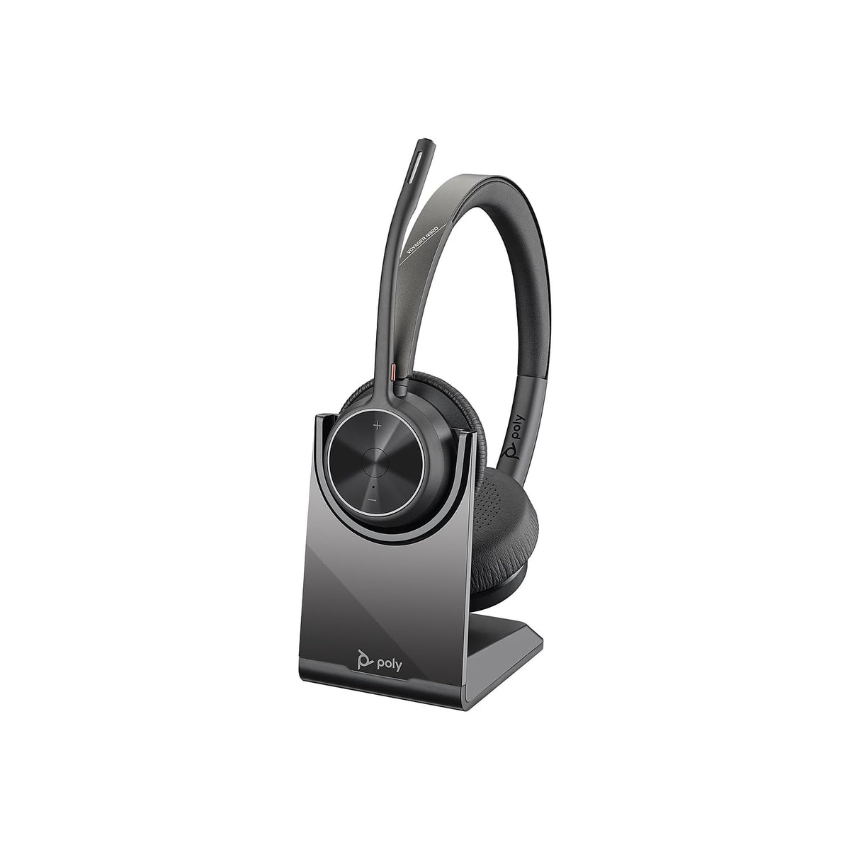 POLY Voyager 4320 UC headset with charging stand for all-day calls.