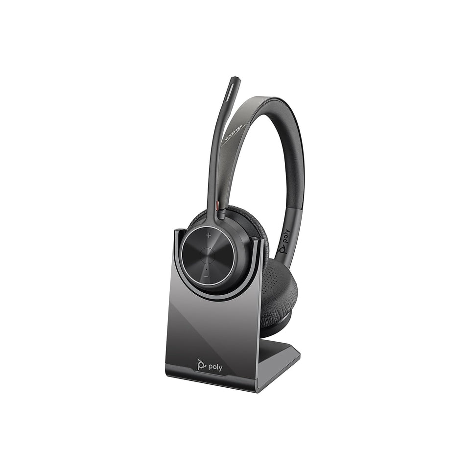 POLY Voyager 4320 UC headset with charging stand for all-day calls.