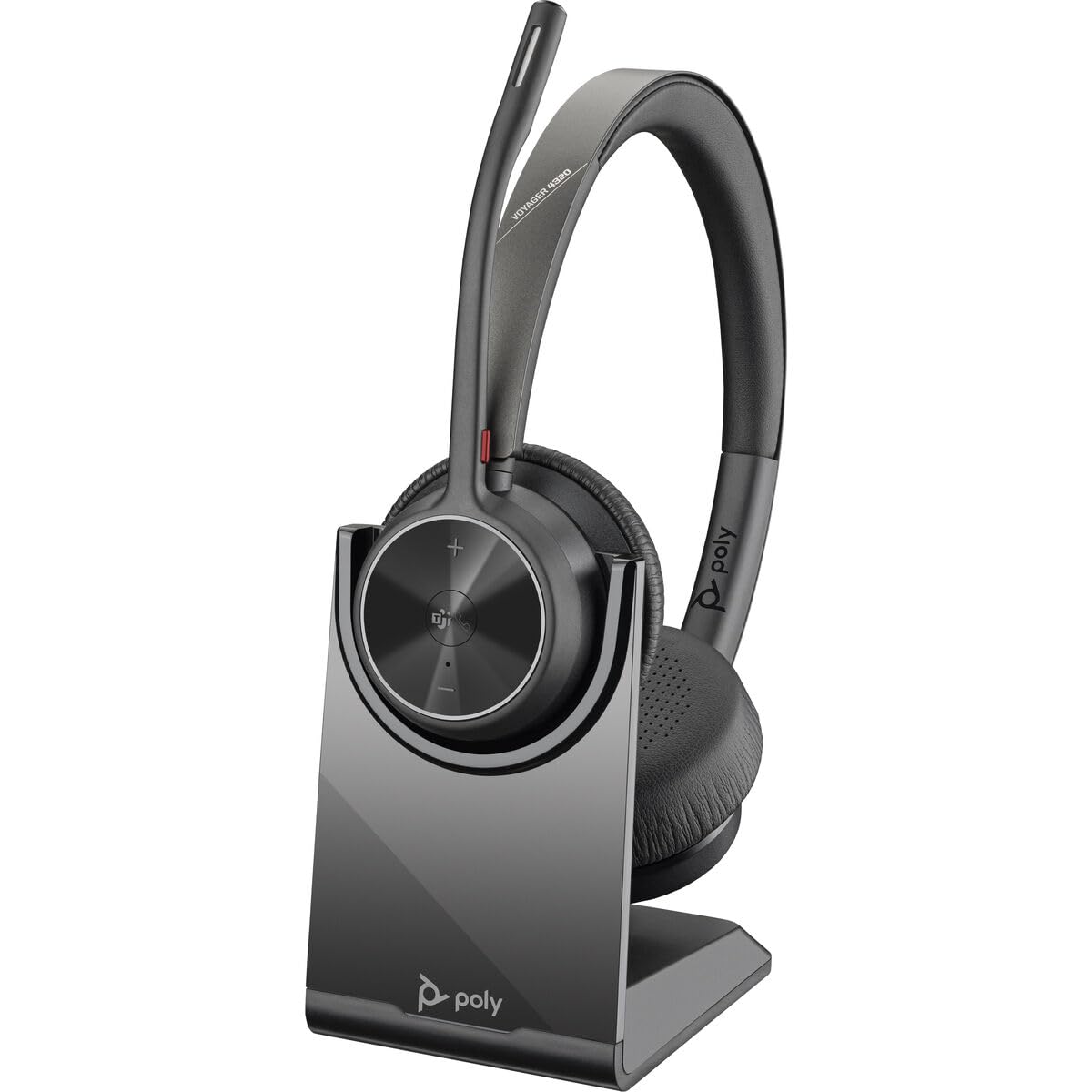 POLY Voyager 4320 UC headset with charging stand for all-day productivity