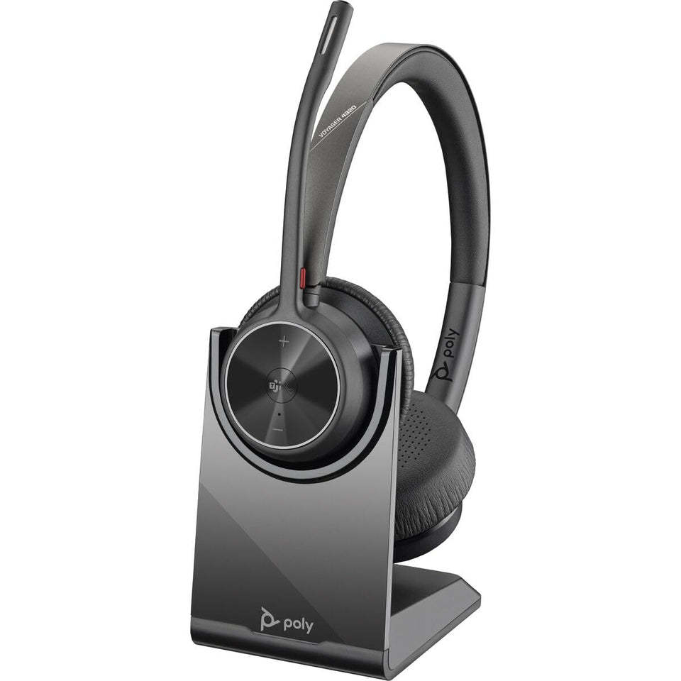 POLY Voyager 4320 UC headset with charging stand for all-day productivity
