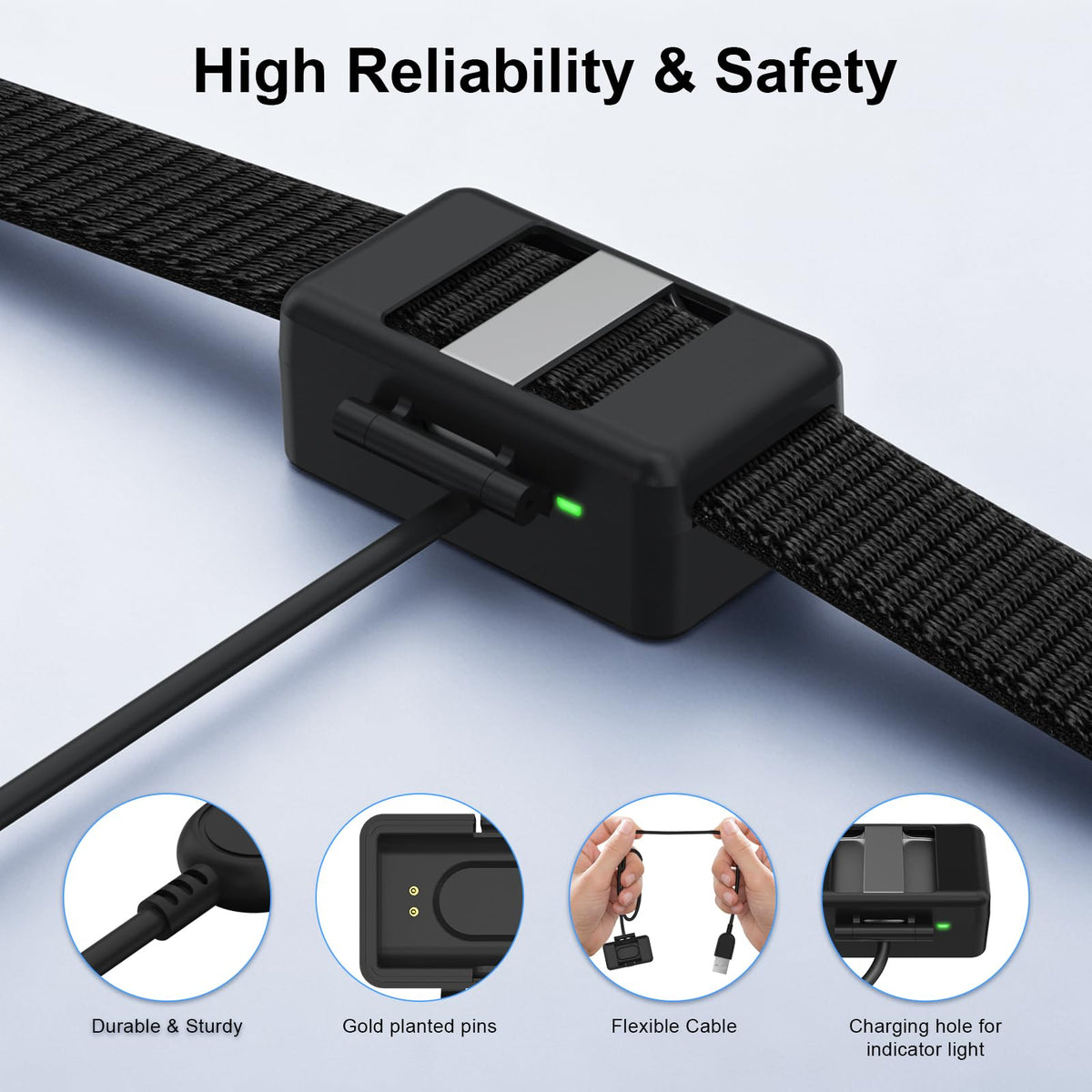 Polyjoy Hume Band Charger Case closeup pins highlighting magnetic alignment for safe charging.