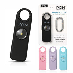 POM personal safety alarm with 130dB siren for quick attention.