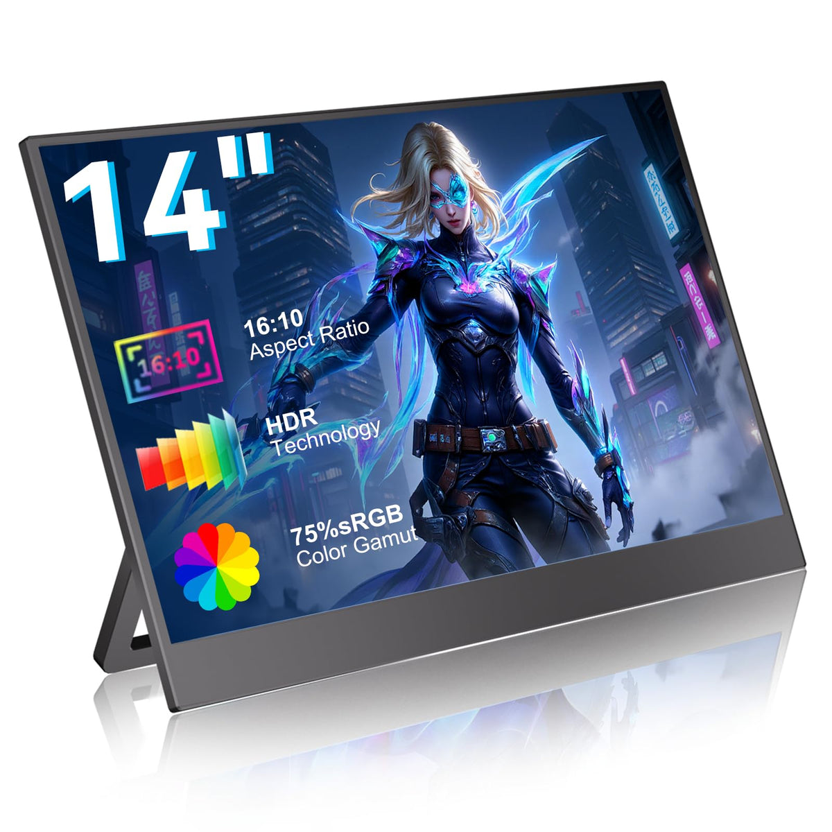 PONKLOIE front view showing 14-inch display and clear resolution benefit