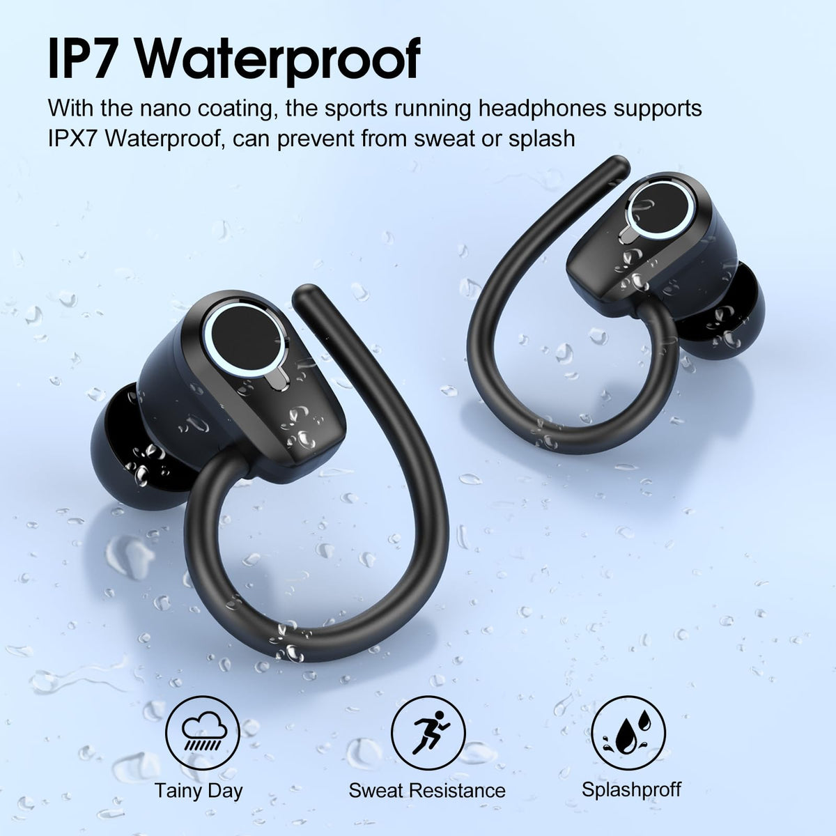 Poounur earbuds worn while running illustrating stable fit during exercise
