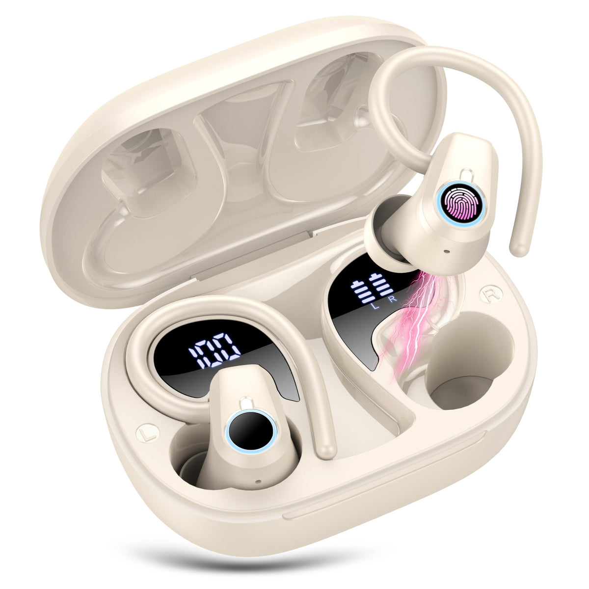 Poounur front packaging showcasing off-white case and earbuds, clear product benefit