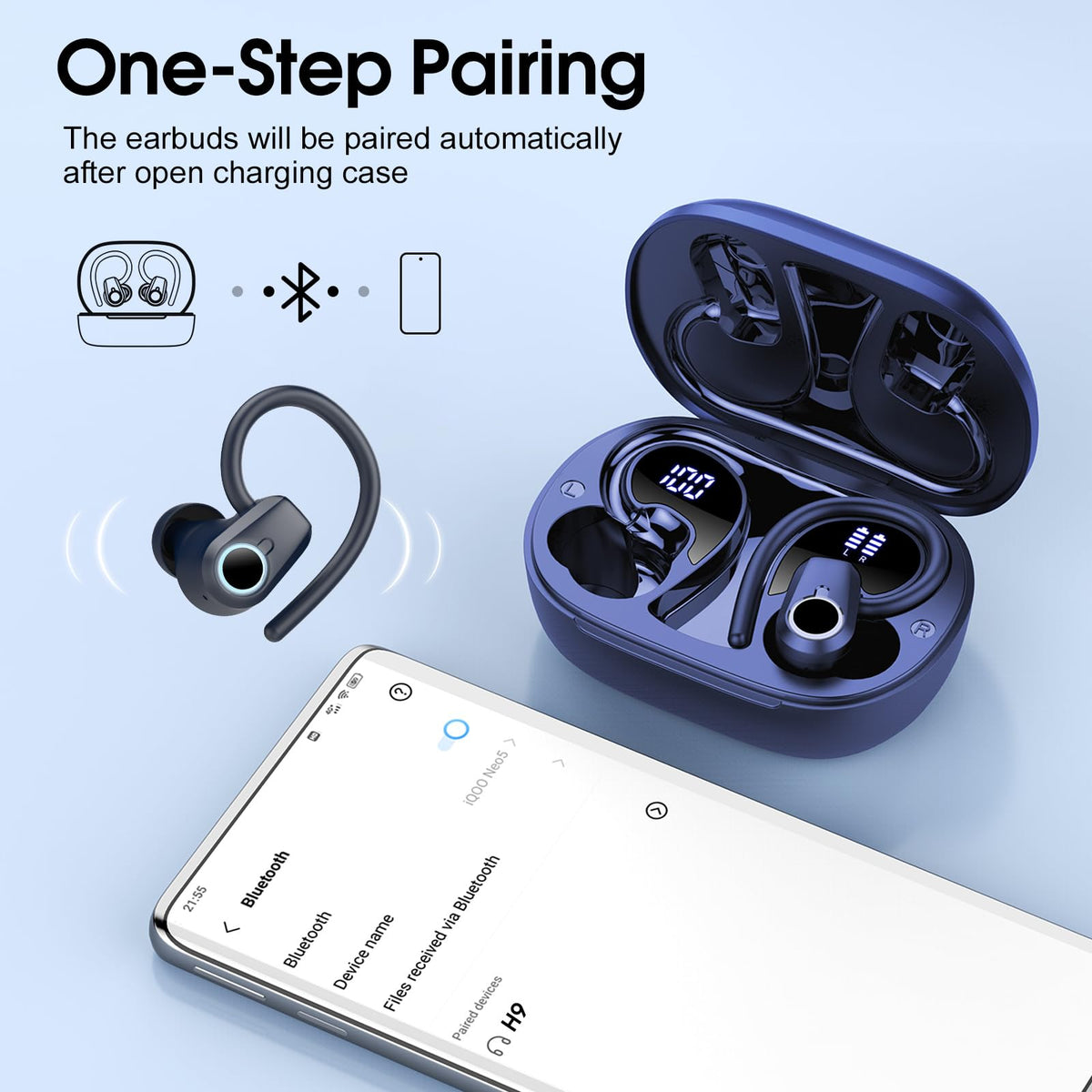 Poounur earbuds held in hand to show compact scale and portability for travel convenience