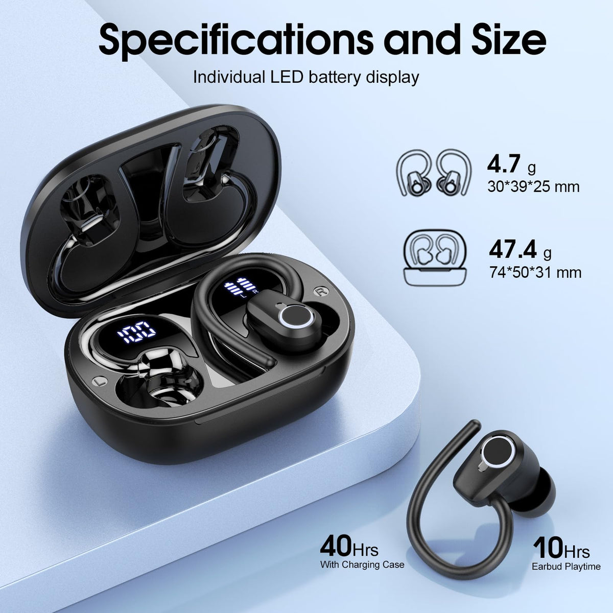 Poounur earbuds with water droplets showing IP7 resistance for sweat protection